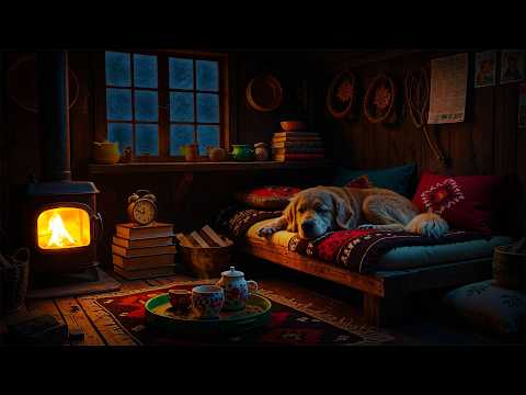 Snowstorm Outside, Warm Fireplace Inside – A Peaceful Night with Dog in a Winter Cabin