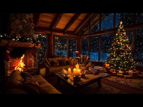 Relaxing Christmas Night 🎄 Cozy Winter Cabin Ambience with Smooth Jazz Music & Warm Fireplace Sounds