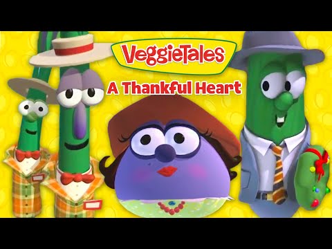 VeggieTales cover art: a purple central character with two green veggie friends in hats against a yellow background with the title 'A Thankful Heart'