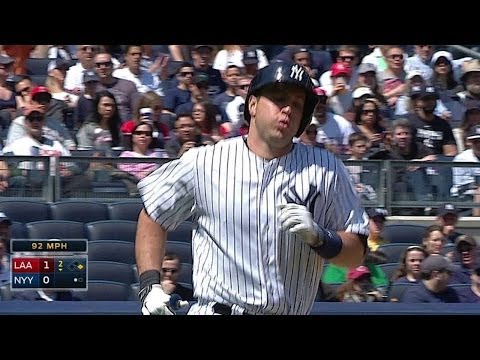 LAA@NYY: Teixeira's hit by a pitch on his upper leg