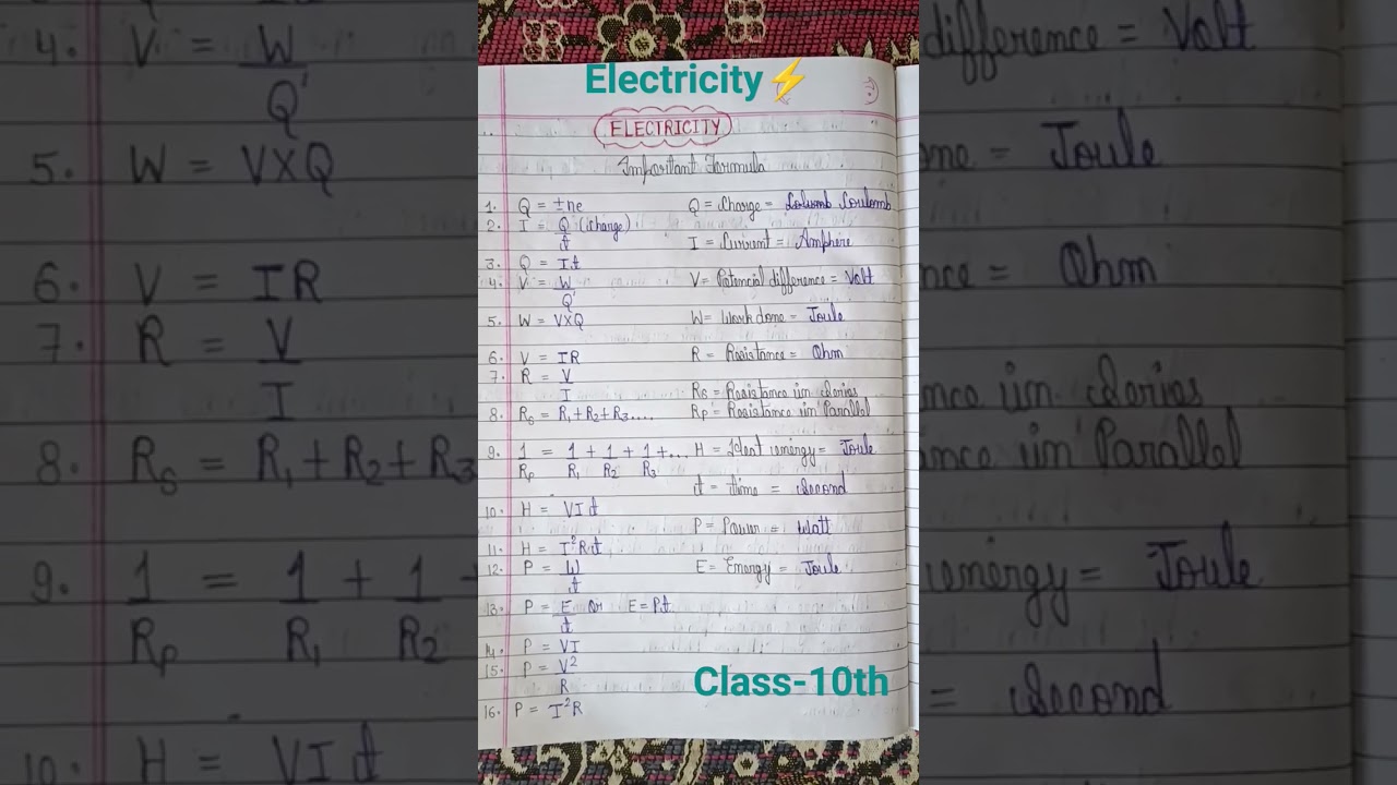 Important Formulae || Chapter 1-Electricity⚡|| Class-10th || Science #shots #viral