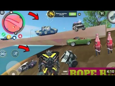Rope Hero Vice Town (Transformer Monster Truck Fight inside Bridge) Robot Truck Destroy Hanging Tank
