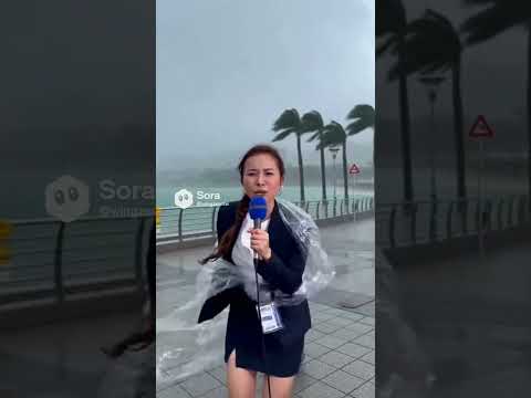 ミニスカ女子アナの中継中に台風でバケツが顔面直撃