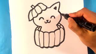 Cat in a Pumpkin - Cute Drawings Halloween Drawings