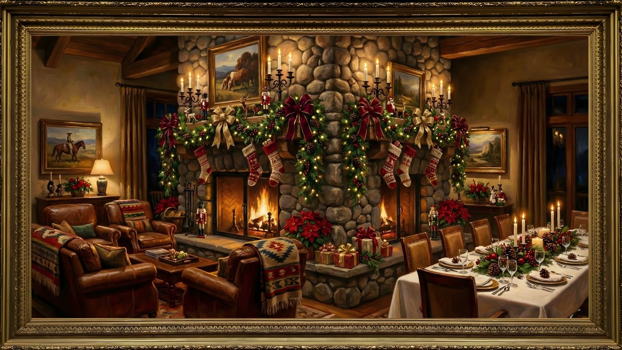 Grand Lodge Double Fireplace Christmas Gold Frame TV Art | 2 Hours 4K — 4K ambient art screensaver in baroque gold frame