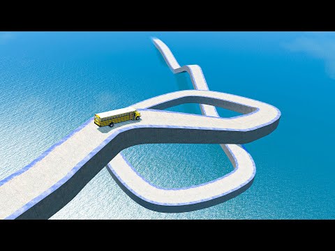 Impossible Spiral Bridge Crossing Stunt Cars Vs Cliff and Deep Water - BeamNG.Drive