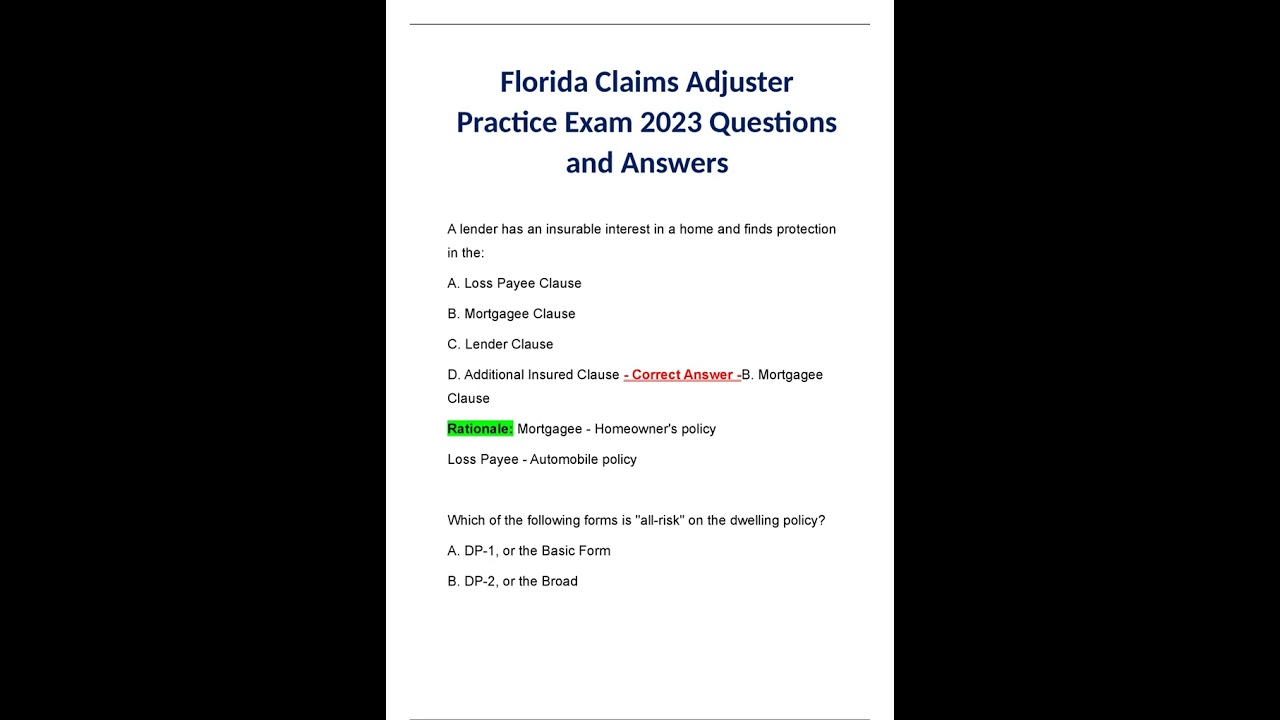 Florida Claims Adjuster Practice Exam 2023 Questions and Answers