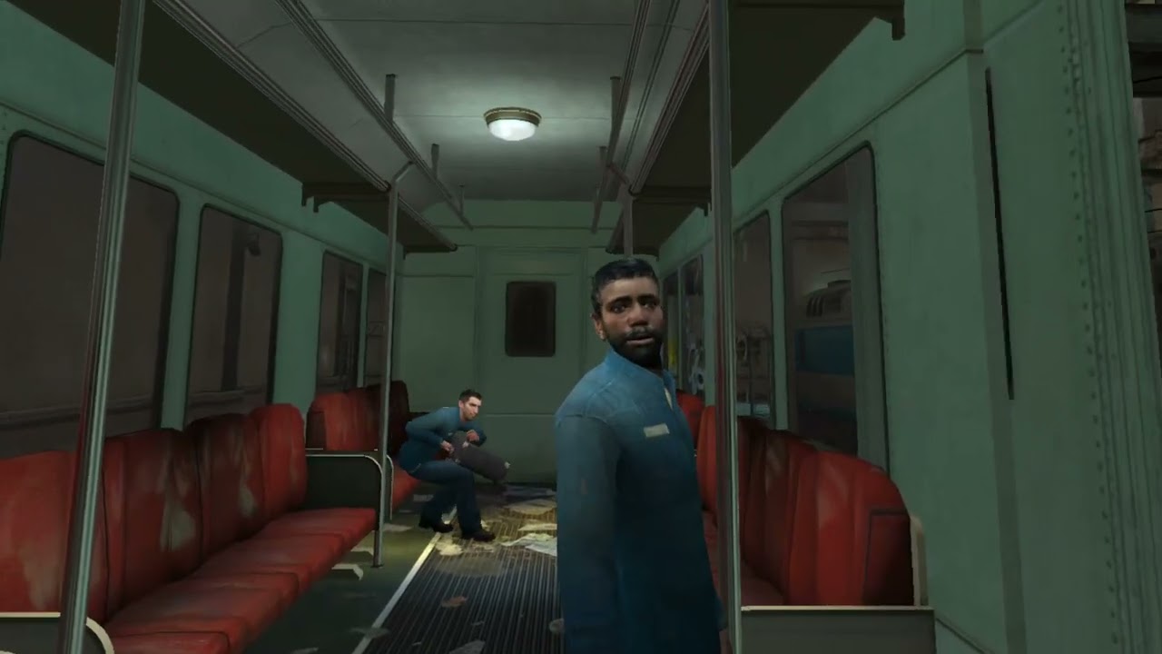 Opening train scene from Half-Life 2, two Civil Protection era citizens in blue jumpsuits inside a City 17 rail car, captured on a Quest 3