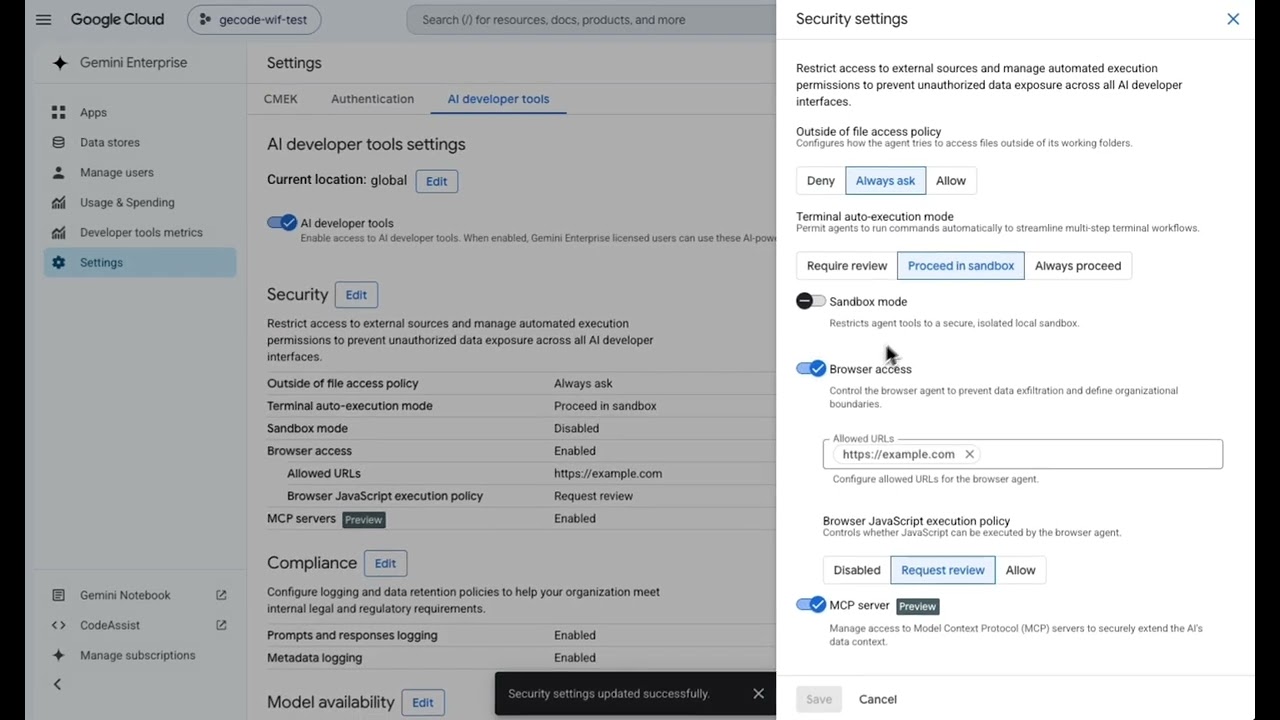 Antigravity in Gemini Enterprise - AI Developer Tools Settings