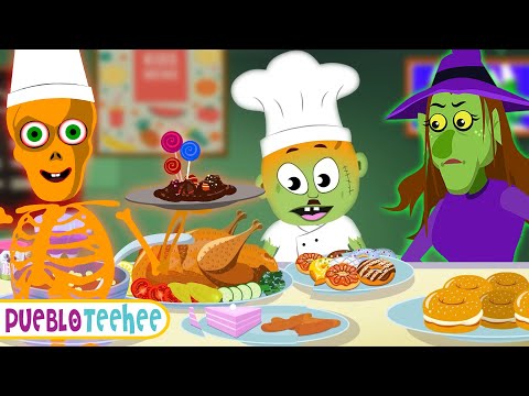 💀Cinco Esqueletos cocinaban en una Fiesta🍔🍭🍩| Canciones de Halloween para niños | Pueblo Teehee
