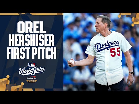 Dodgers legend Orel Hershiser tosses out the ceremonial first pitch at Game 4 of the World Series!