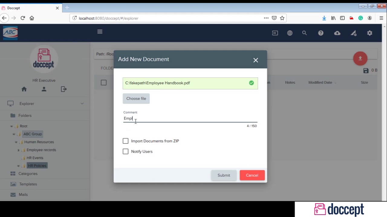 Adding document to Document Management System (DMS) - Doccept