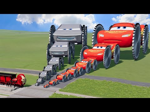 Big & Small Tesla Cybertruck vs Big & Small Lightning Mcqueen vs Choo-Choo Iron Man Train | BeamNG