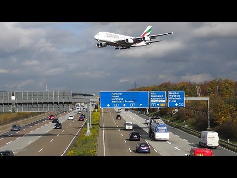 AIRBUS A380 crossing the AUTOBAHN before LANDING + 10 BIG PLANE DEPARTURES (4K)