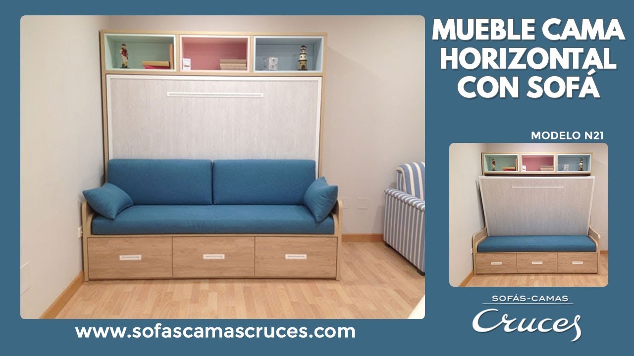 Mueble cama de matrimonio de apertura horizontal con sofá