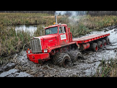 A powerful truck got stuck in mud!  Cargo transportation off-road is a challenge for drivers.