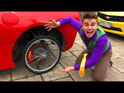Mr. Joe in Trunk Car Corvette without Wheels found Wheel of Bike & arrived in Tire Service for Kids Video
