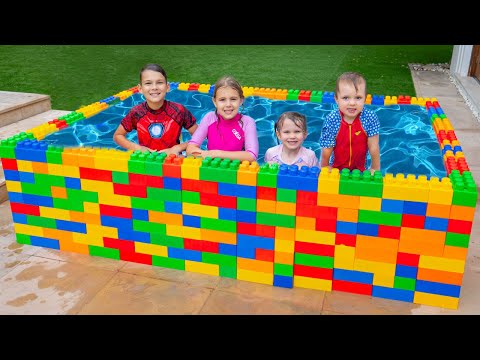 Five Kids How to Swim in the Kids Pool and Plays with Fun Water Toys