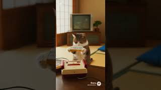 ファミコンカセットに息を吹きかけてファミコンをつける猫