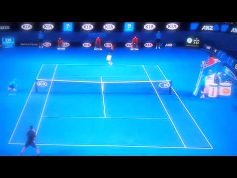 k falls off KIA during djokovic and wawrinka tennis match 2013