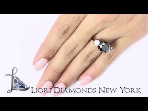 BDR-SOLD-043 - 5.08 Carat Certified Three Stone Black Diamond Engagement Ring 14k Black Gold