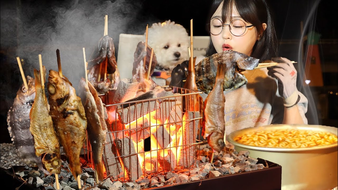 숯불에 구워먹는 생선꼬치구이 먹방🐟🔥Charcoal-Grilled Fish Mukbang ASMR