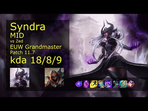 Syndra vs Zed Mid - EUW Grandmaster 18/8/9 Patch 11.7 Gameplay