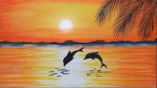 How to paint a scenery of Sunset with oil pastels color...step by step