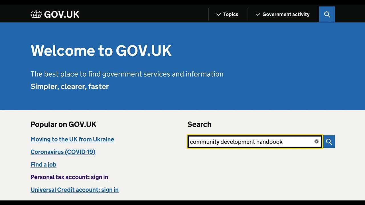 Searching for the Community Development Handbook on GOV.UK