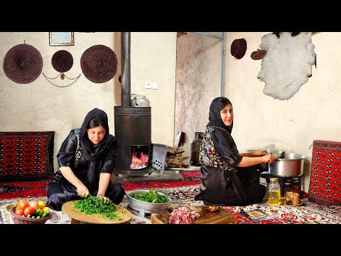 Iran Village Life Cooking a Traditional Dish with Spinach and Lamb in Village Style