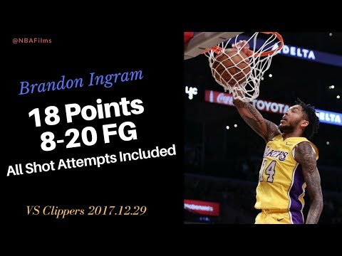 Brandon Ingram 18 Points, 8-20 FG all shot attempts included vs 2017.12.29 vs Clippers