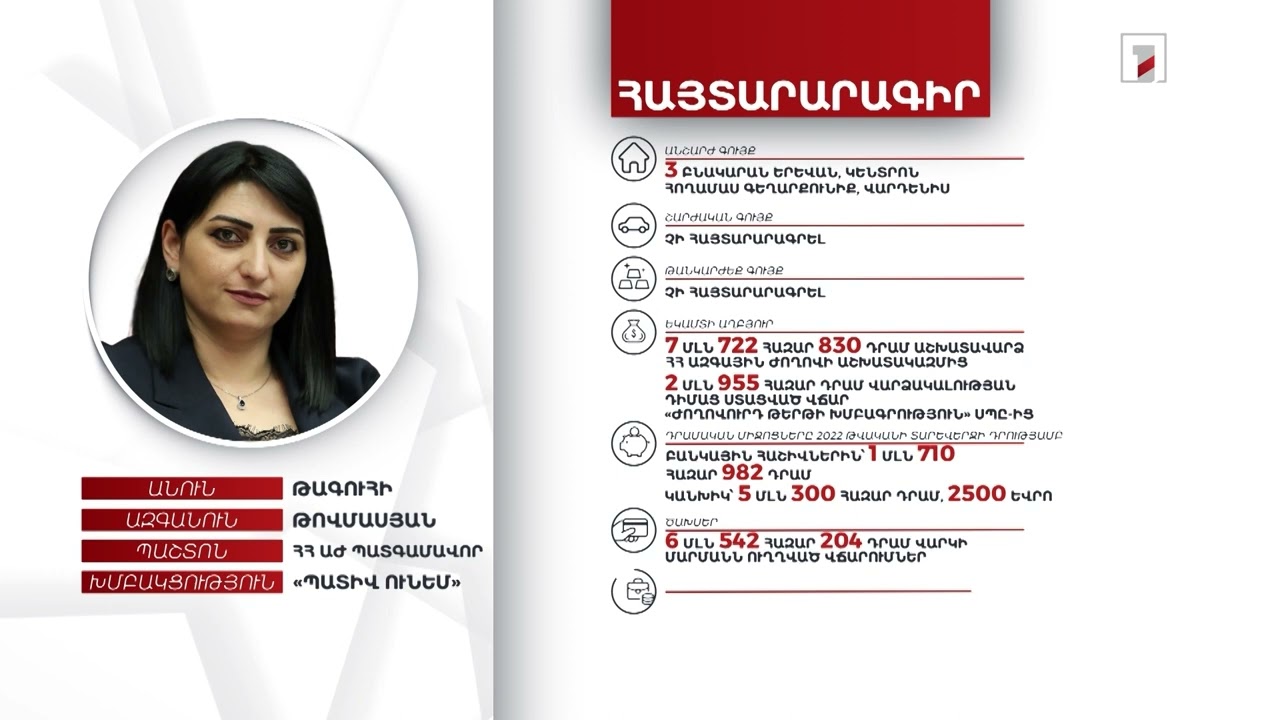 4 անշարժ գույք, 7 մլն դրամ. ՀՀ ԱԺ պատգամավոր Թագուհի Թովմասյանի հայտարարագիրը