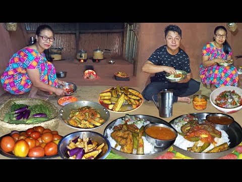 Nepali village recipe: Brinjal Masala Fry & Beans Dal with Rice Cooking & Eating in Village Kitchen