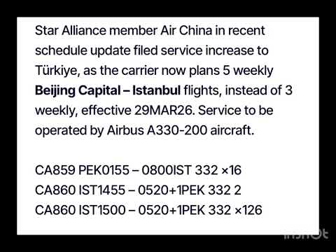 AIR CHINA INCREASES BEIJING – ISTANBUL SERVICE IN NS26