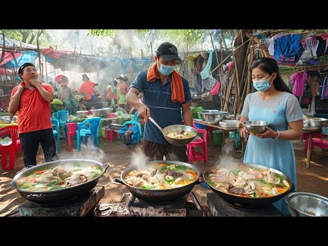 4 Giant Porridge Pans Cooking for Wedding Breakfast in Cambodia
