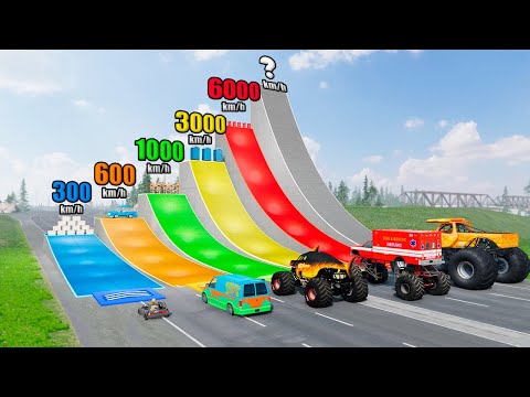 Which MONSTER TRUCK Will Fly Further, Overcoming Speed-up Ramps? - BeamNG Monster Truck Crashes
