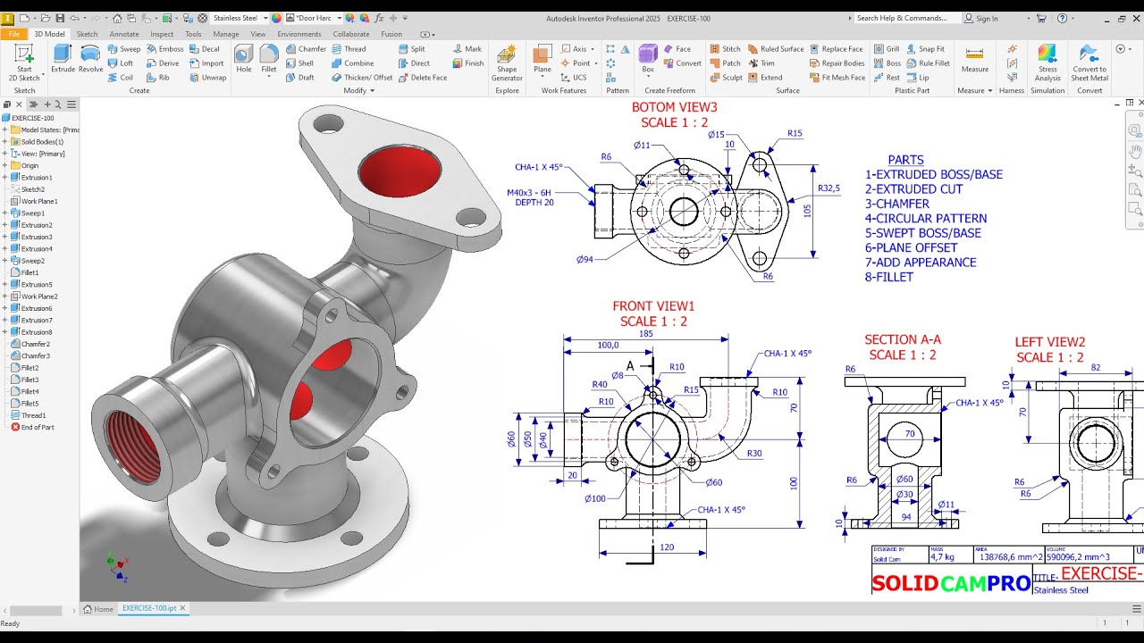 Autodesk inventor Tutorial Create 3d Model  Exercise 100
