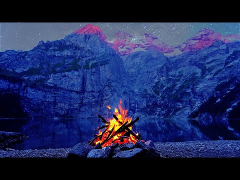 Realtime 4K Campfire with Mirrored Mountains in the Lake. Perfect for Relaxation & Romance!