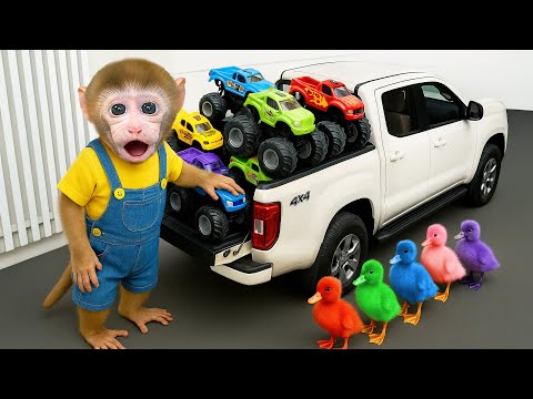 Monkey BeBe drives a tractor with colorful ducklings to go shopping and eat watermelon!