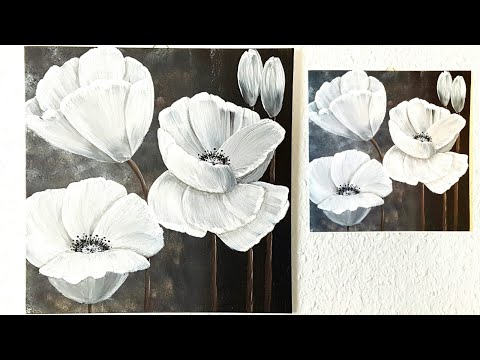 , title : 'Blumen Malen Acryl Weiß Schwarz Echtzeit Anfänger -Flowers Acrylic Painting White Black Beginners'