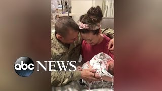 Mom who welcomed twins sheds tears as military husband surprises her in hospital l GMA Digital