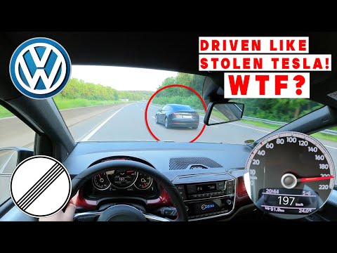 2021 VW up! GTI Topspeed Fight Against Crazy Tesla (Emergency Brake!) On German Autobahn 216 km/h!!!