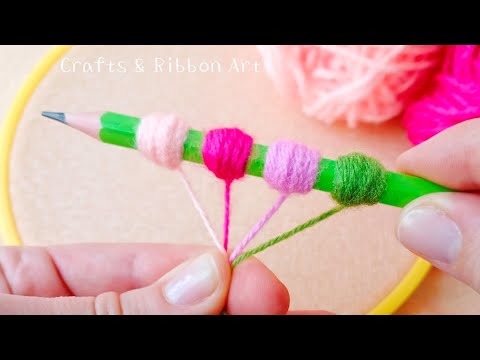 Super Easy Woolen Flower Making Trick Using Pencil - Hand Embroidery Amazing Flower Design