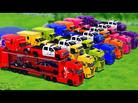 TRANSPORT AMBULANCE, POLICE CARS, ROLLS ROYCE & RIGITRAC WITH SCANIA TRUCKS - Farming Simulator 2023