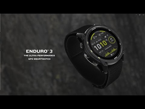 Išmanusis laikrodis Garmin Enduro 3 Pilkos anglies spalvos DLC titanas su juodos spalvos UltraFit Nylon dirželiu video