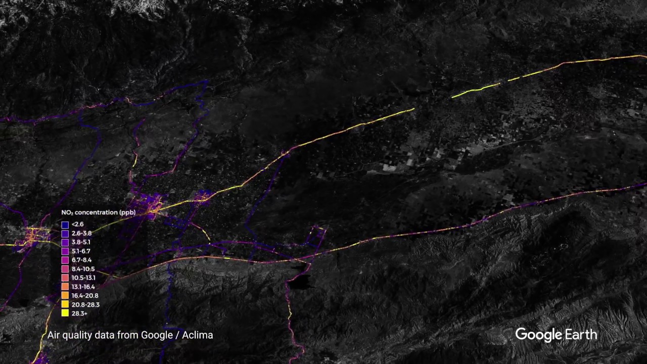 Air quality measurements in California’s Central Valley region (Landsat / Copernicus, Data MBARI, Data SIO, NOAA, U.S. Navy, NGA, GEBCO, Data LDEO-Columbia, NSF, Data CSUMB SFML, CA OPC, Data USGS)