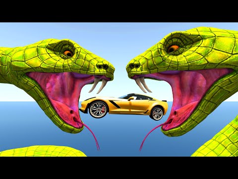 High Speed Cars Jumping Through The Mouth Of Giant Snake - BeamNG.Drive