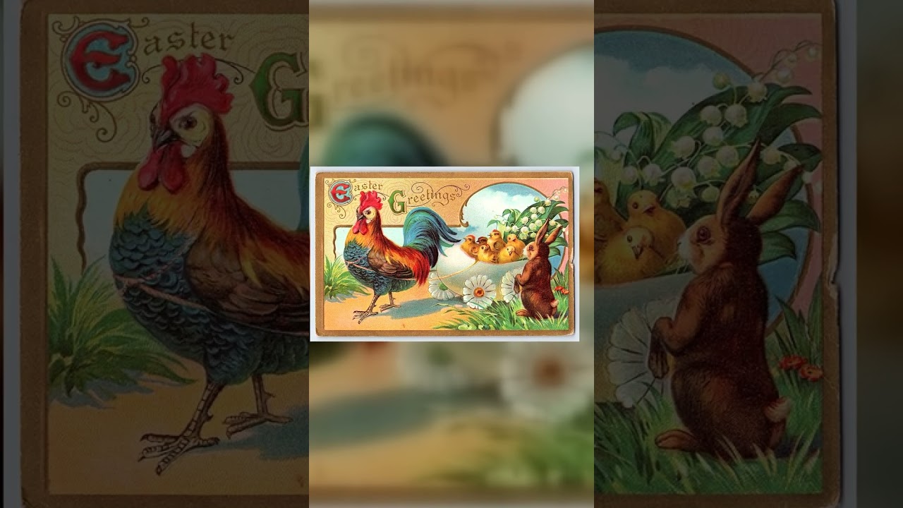 Easter Greetings Postcard, Divided Back, Rooster and Rabbit, Early 1900s Video