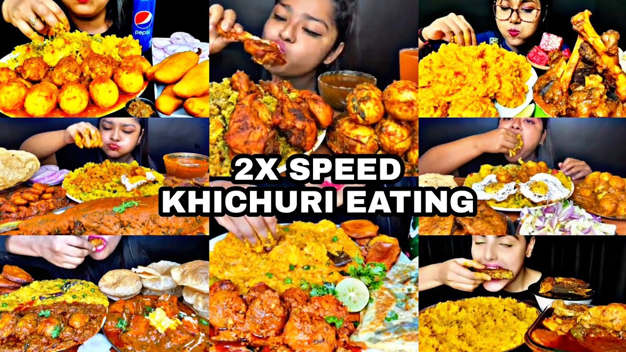 ASMR EATING 2X SPEED SPICY KHICHURI WITH CHICKEN CURRY, EGG CURRY, MUTTON, DUM ALOO |Foodie India|
