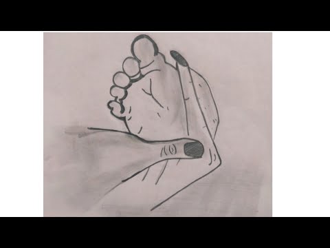 How to draw a hand holding baby foot. Step by step